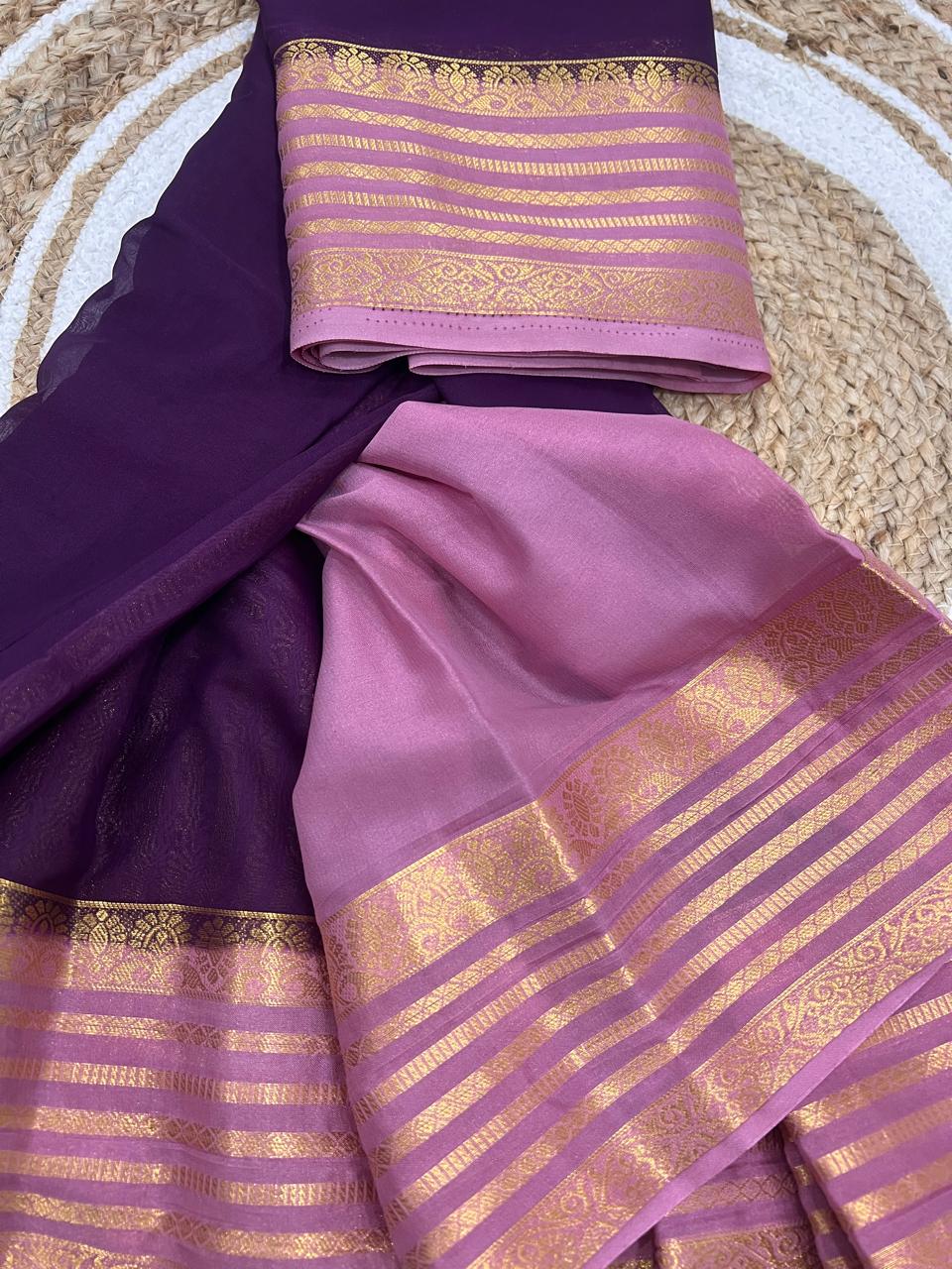Deep Purple Saree - close-up of gold zari stripe border