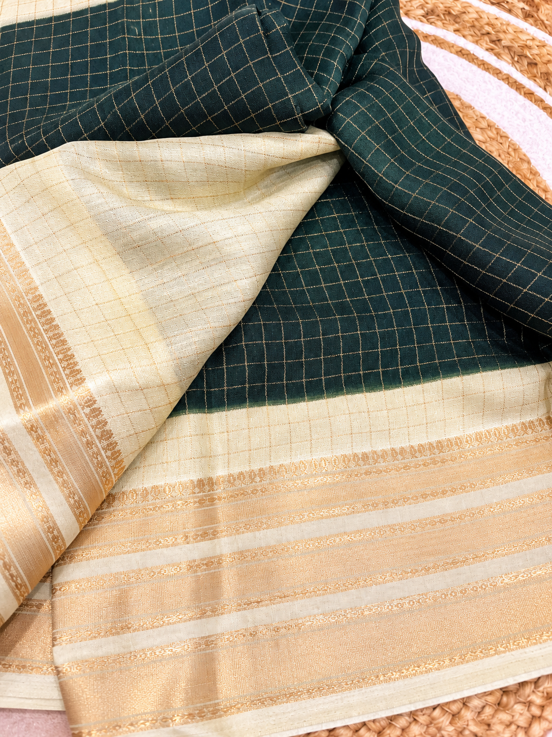 Bottle Green & Sage Zari Check Saree