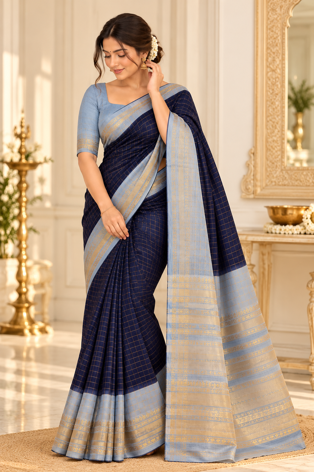 Navy blue check saree full drape model shot