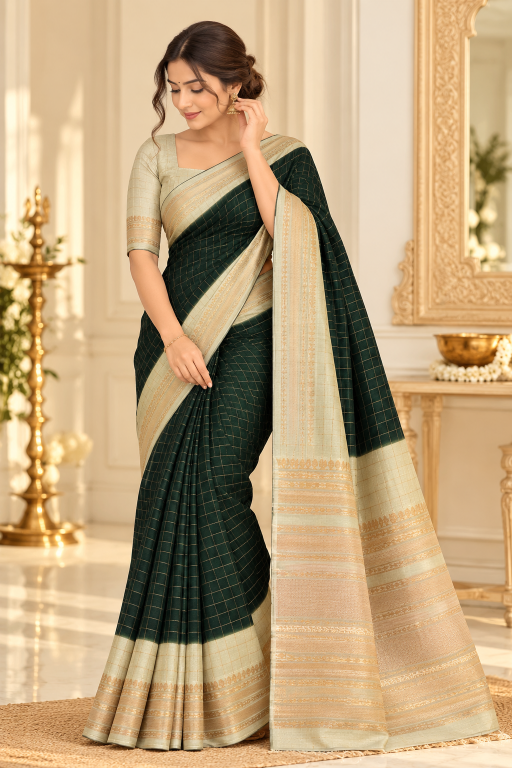 Bottle green and sage zari check saree full model drape