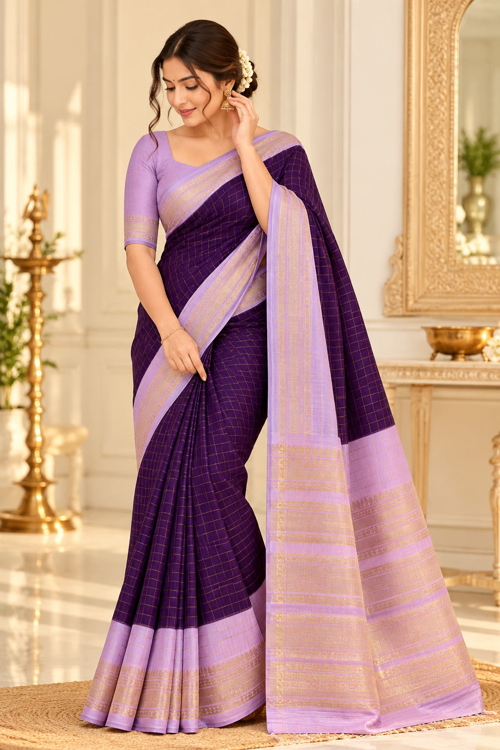 Royal purple zari check saree styled shoot