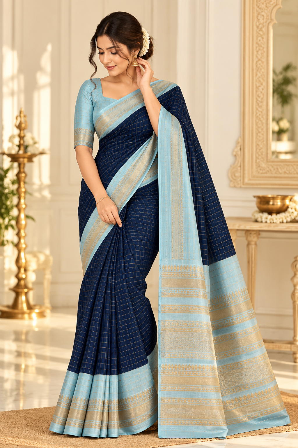 Dark teal zari check fabric and aqua border detail