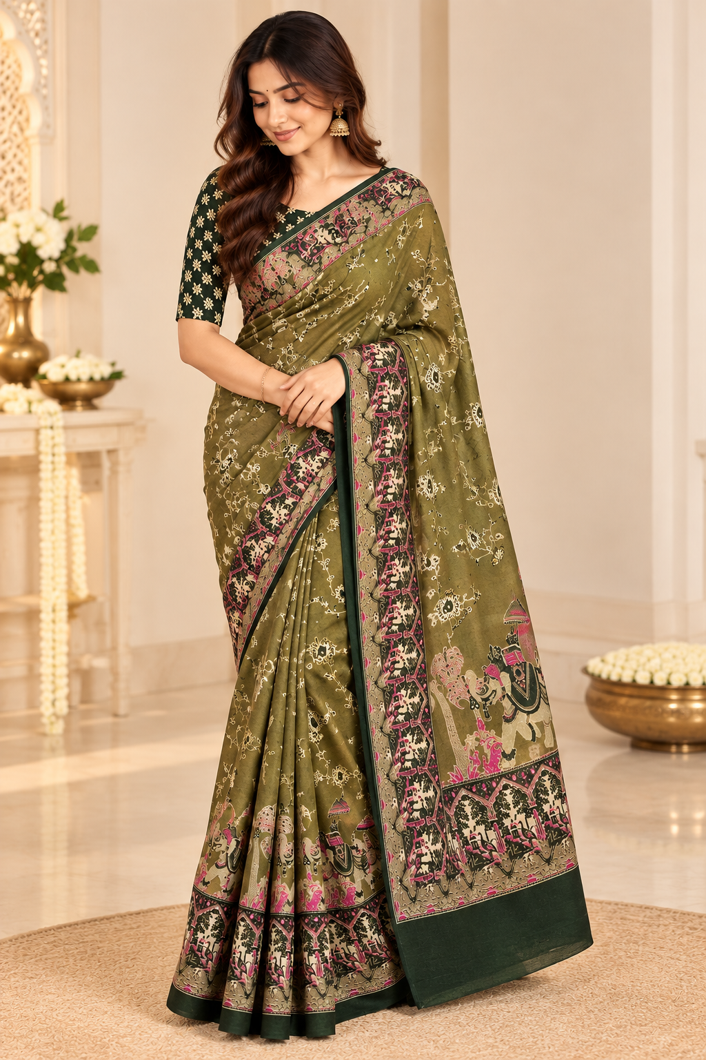 Olive green Mughal print saree full model drape