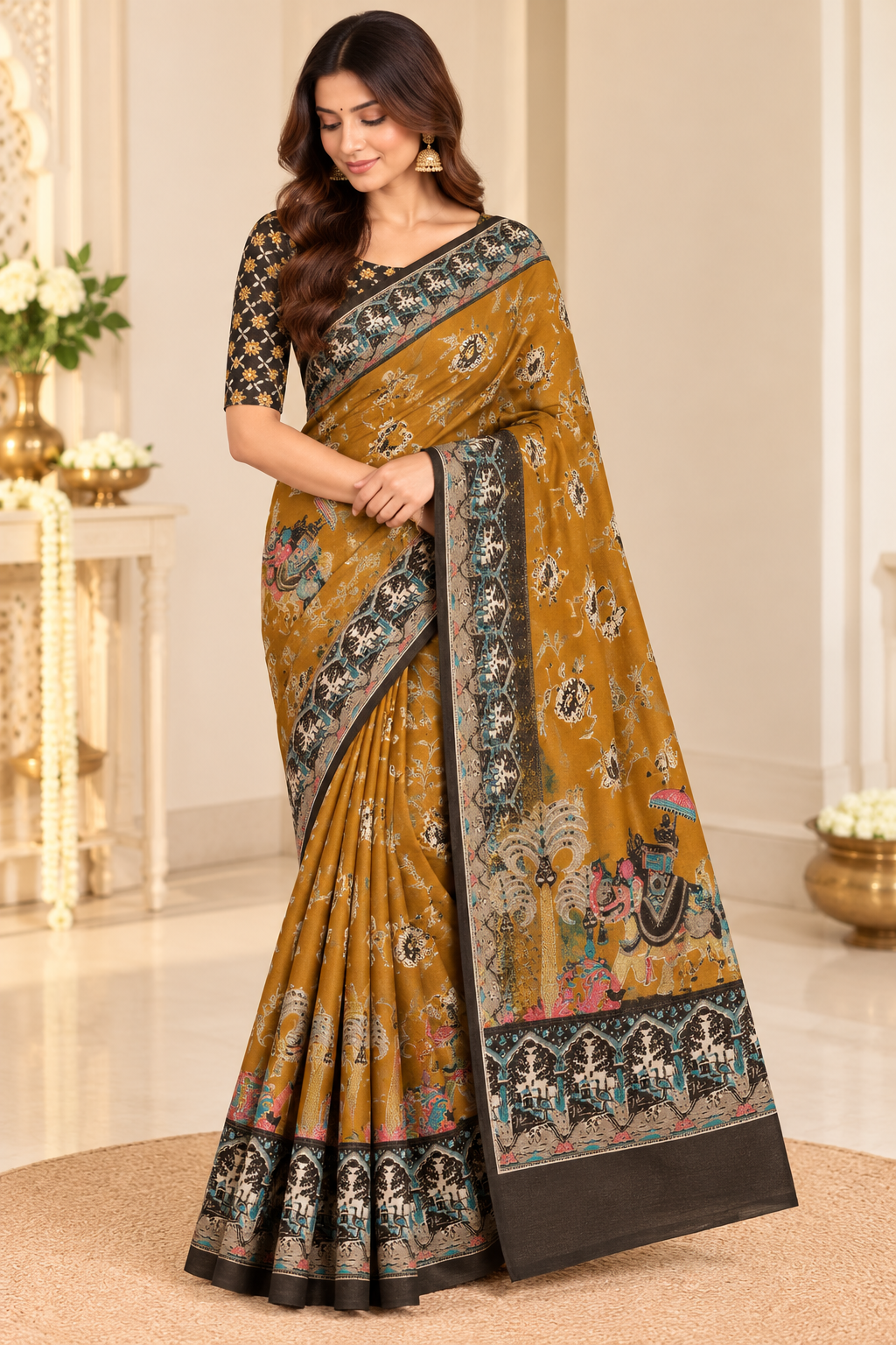 Mustard yellow Mughal print saree full model drape