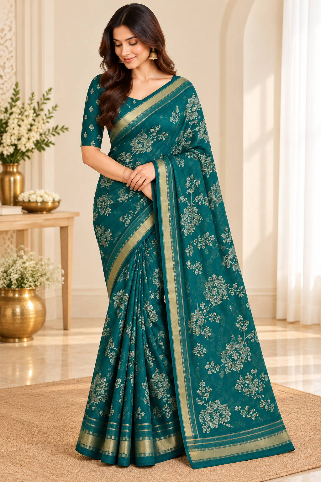 Emerald green floral print saree full model drape