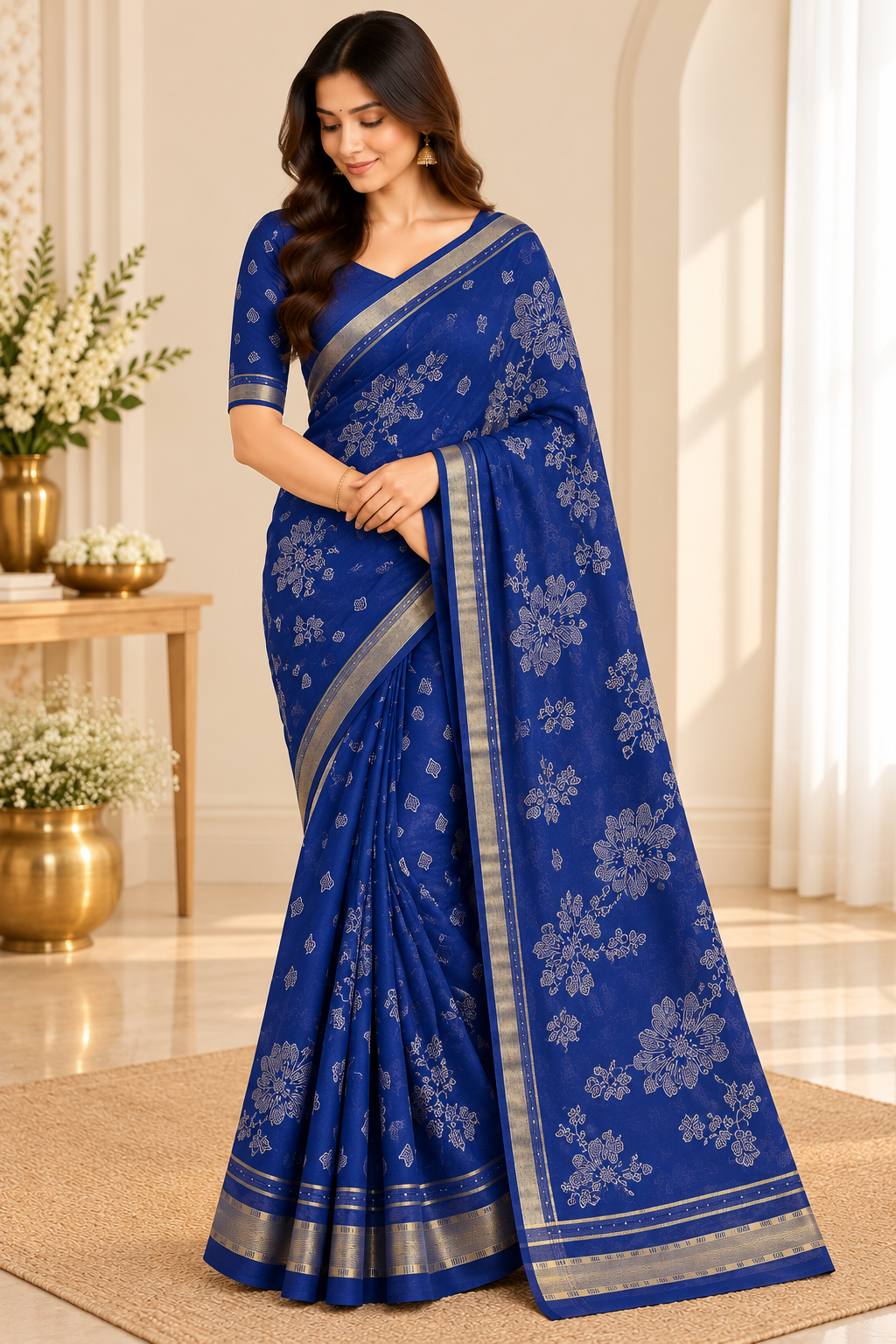 Royal blue cutdana floral saree full model drape