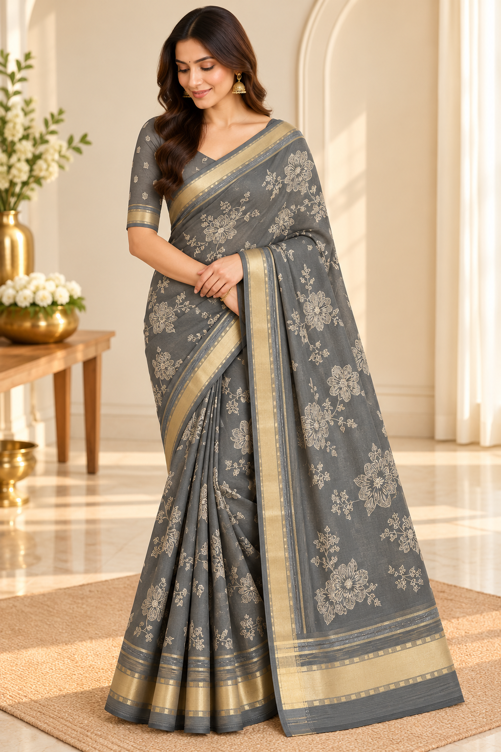 Steel grey cutdana floral saree full model drape