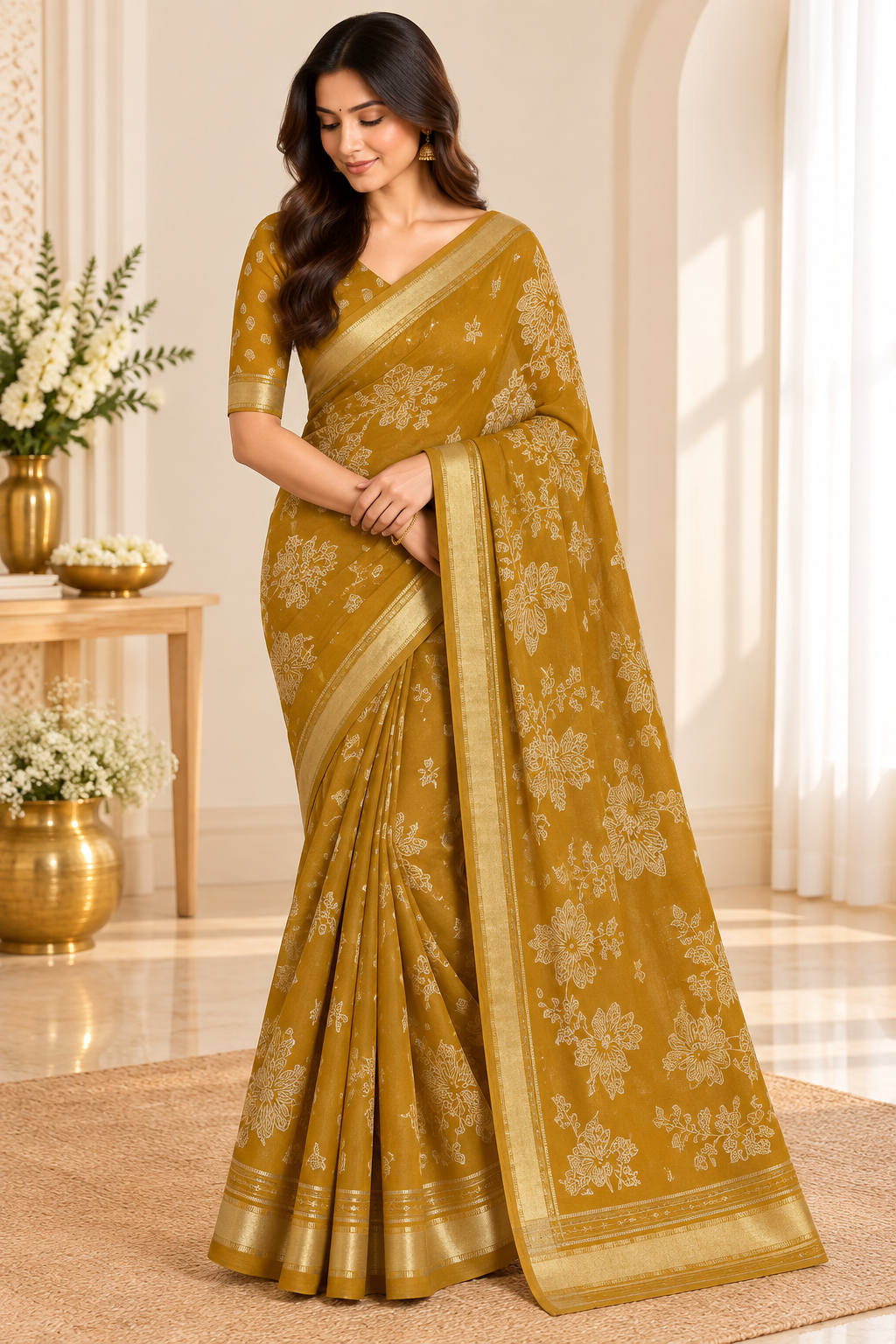 Golden mustard cutdana floral saree full model drape