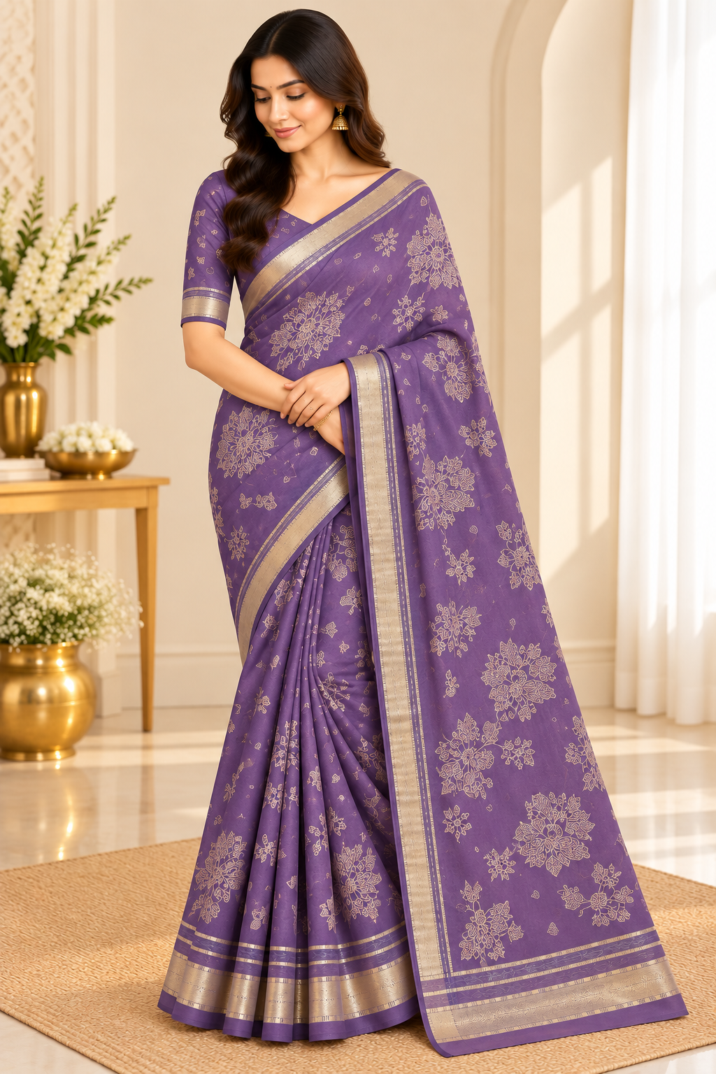 Dusty purple cutdana floral saree full model drape