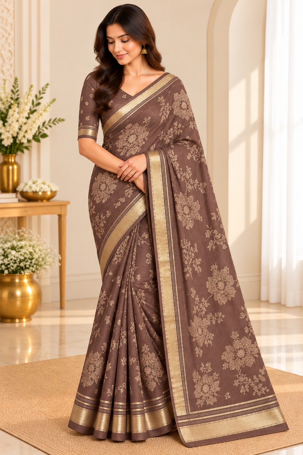 Chocolate brown cutdana floral saree full model drape