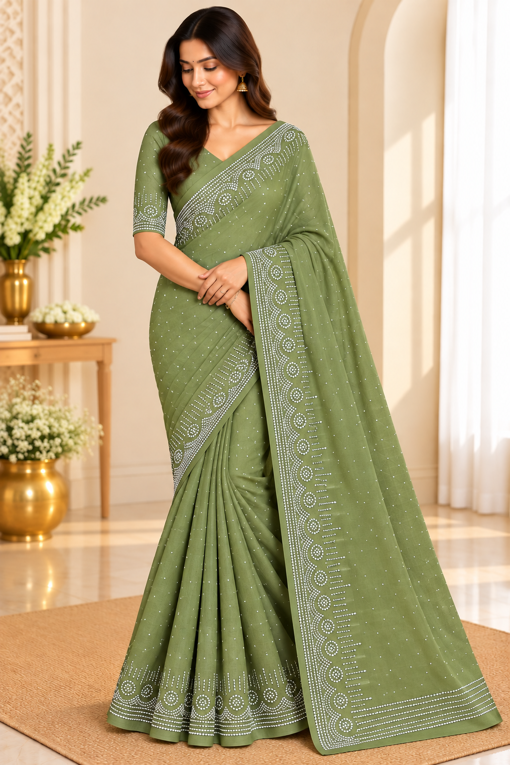 Sage green cutdana scallop border saree full model drape