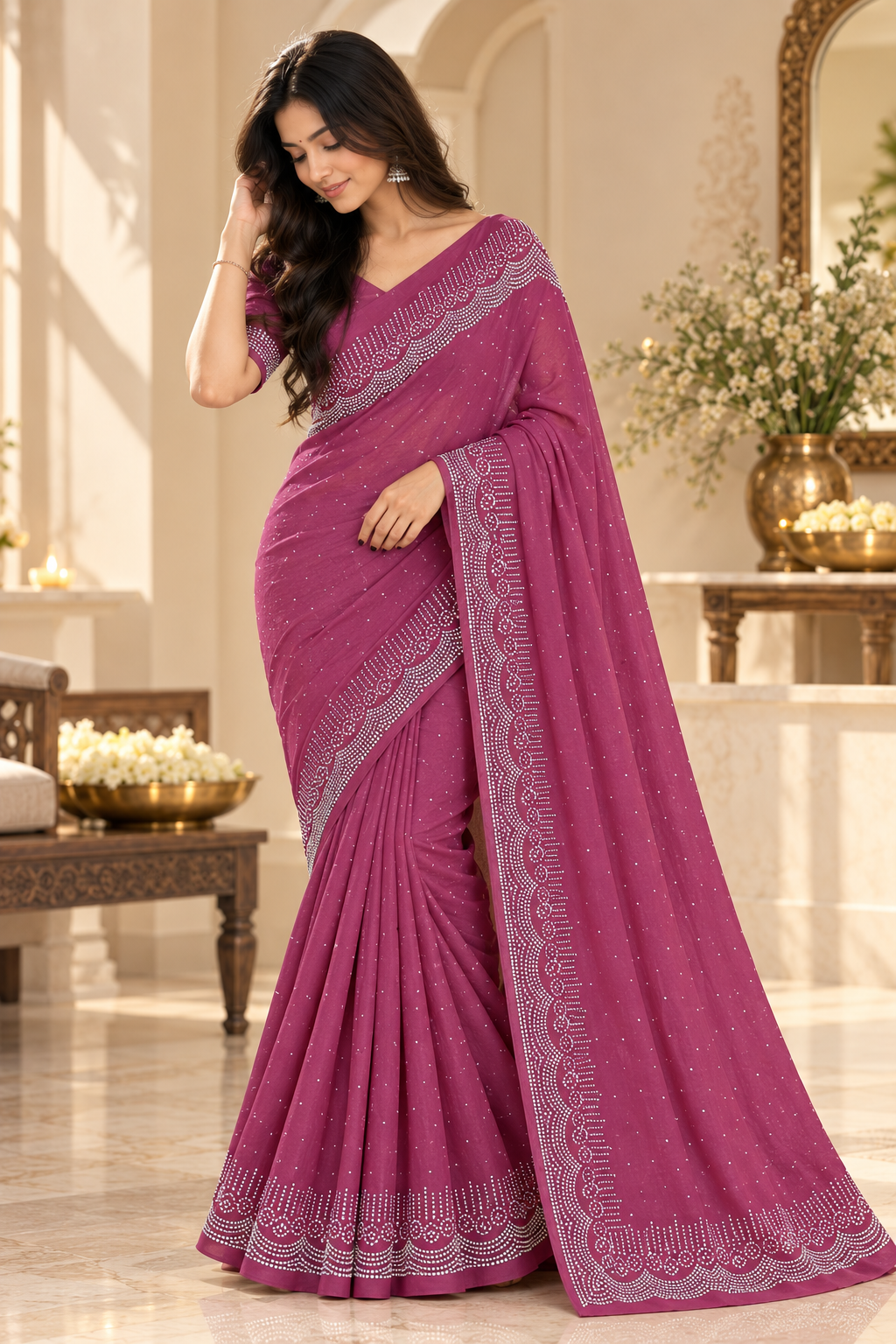 Magenta cutdana scallop border saree full model drape