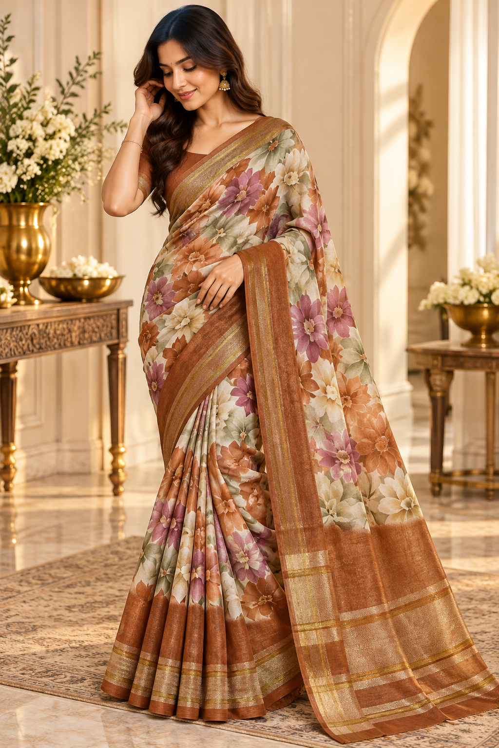 Rasmalai multicolour floral print saree full model drape with copper zari border