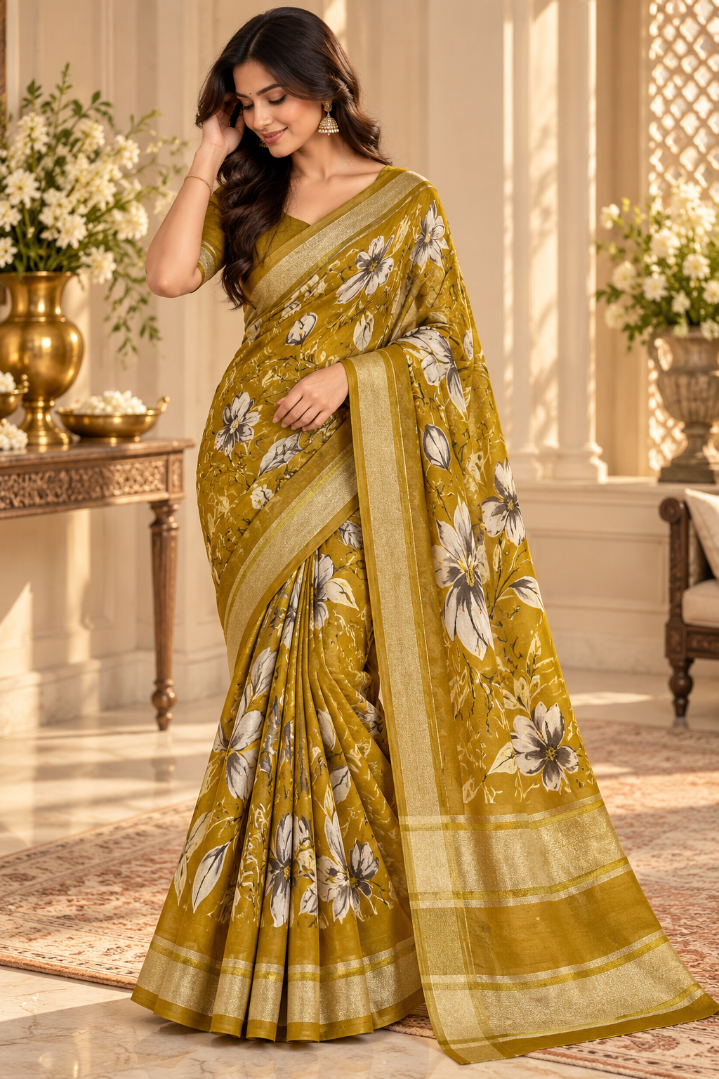 Rasmalai olive gold floral print saree full model drape with gold tissue border