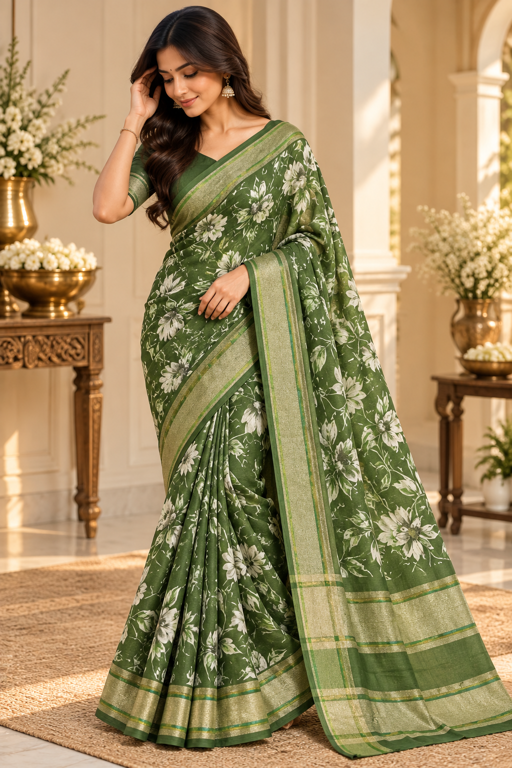 Rasmalai forest green floral print saree full model drape with gold tissue border