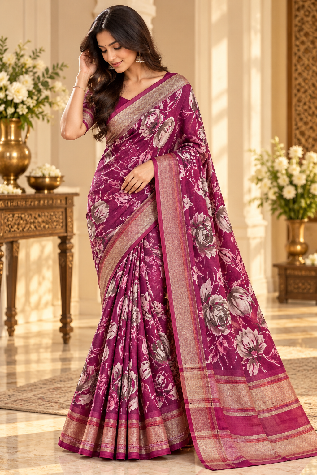 Rasmalai magenta floral print saree full model drape with rose gold tissue border