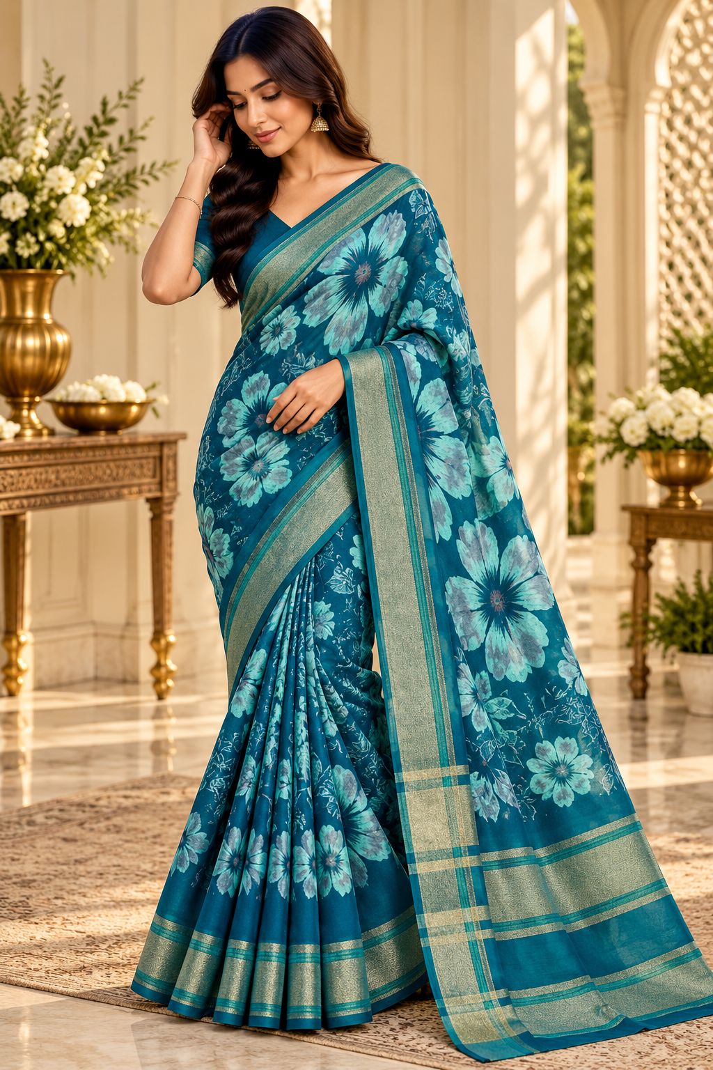 Rasmalai teal hibiscus print saree full model drape with gold-green tissue border