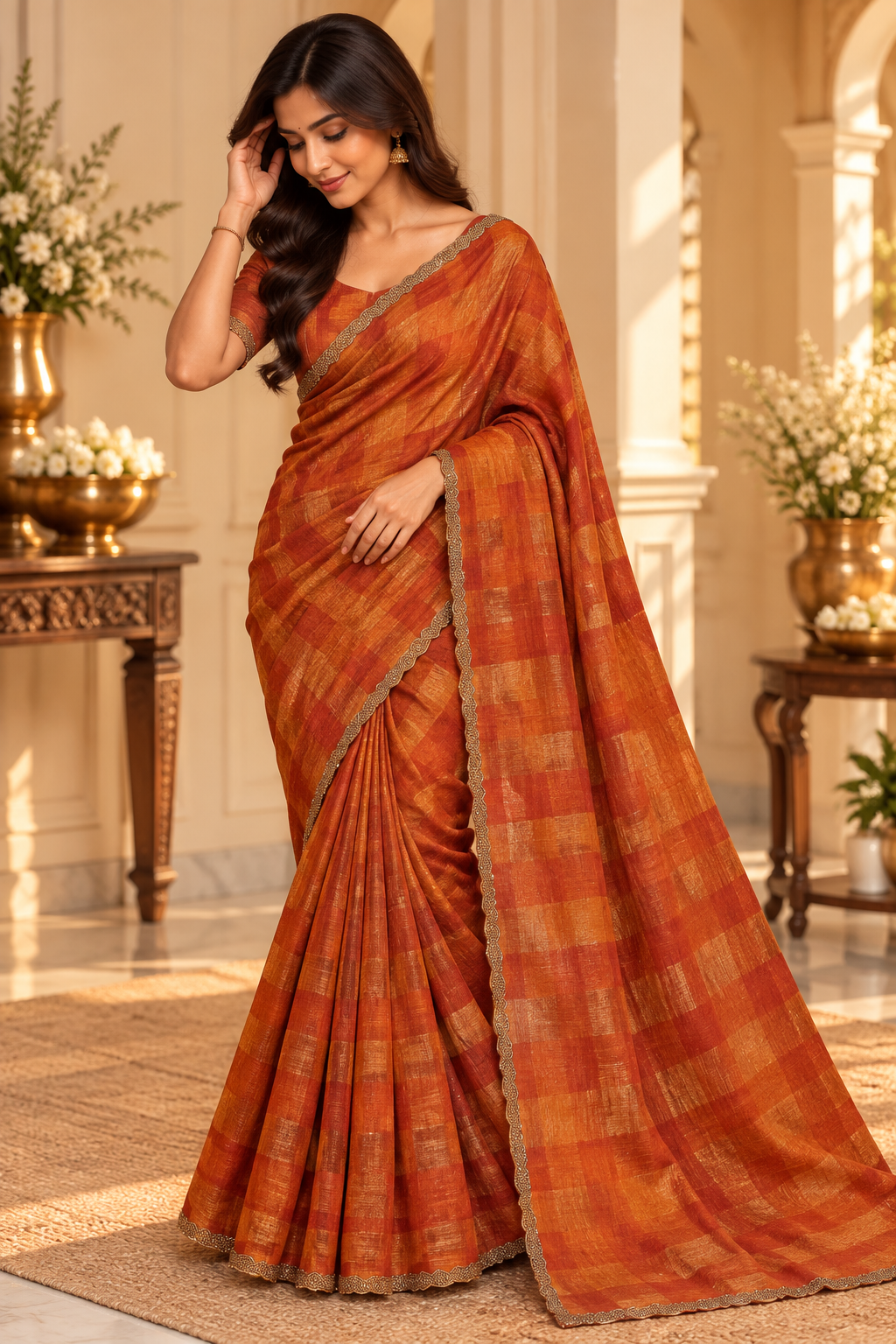 Burnt orange zari check saree full model drape with scalloped cutdana border