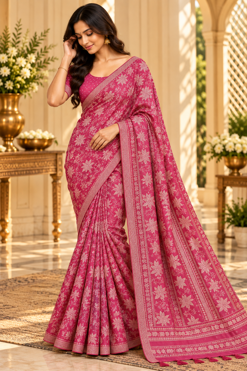 Rose pink botanical floral print saree full model drape with woven tassel border