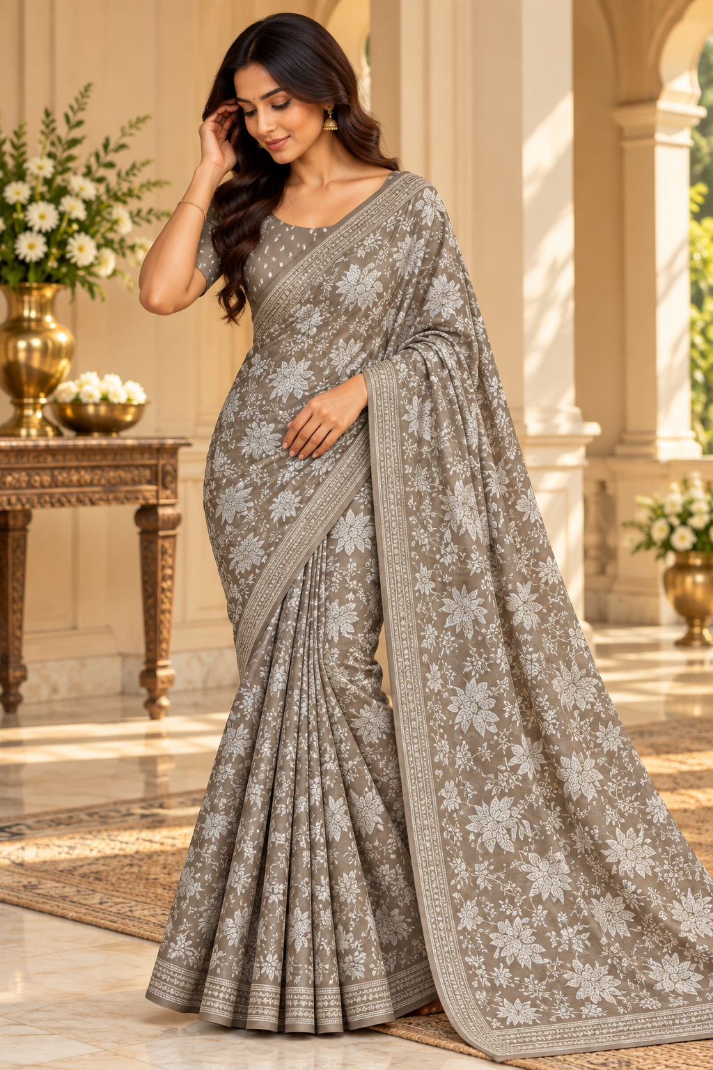 Taupe grey botanical floral print saree full model drape with woven striped border