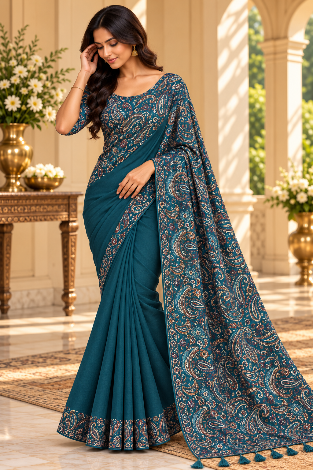 Teal green Kashmiri paisley print saree full model drape showing printed pallu and silk tassels