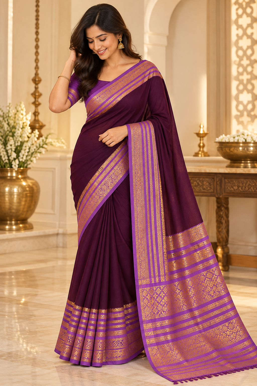 Royal Plum & Violet Zari Border Saree