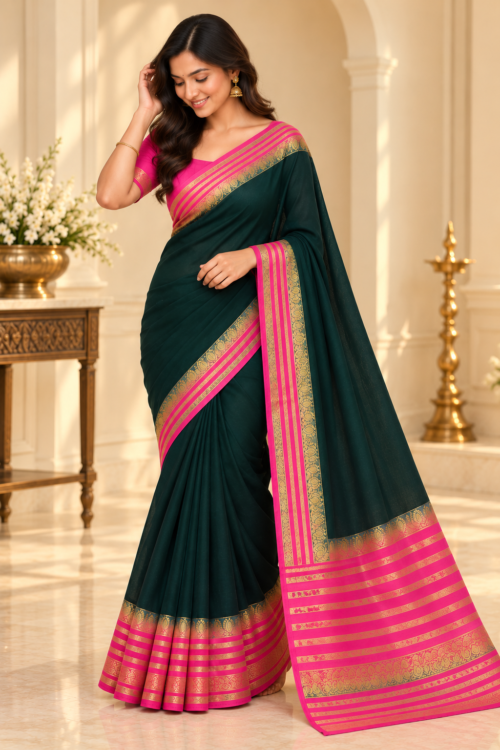 Dark Teal Saree with Hot Pink Gold Zari Border - model wearing