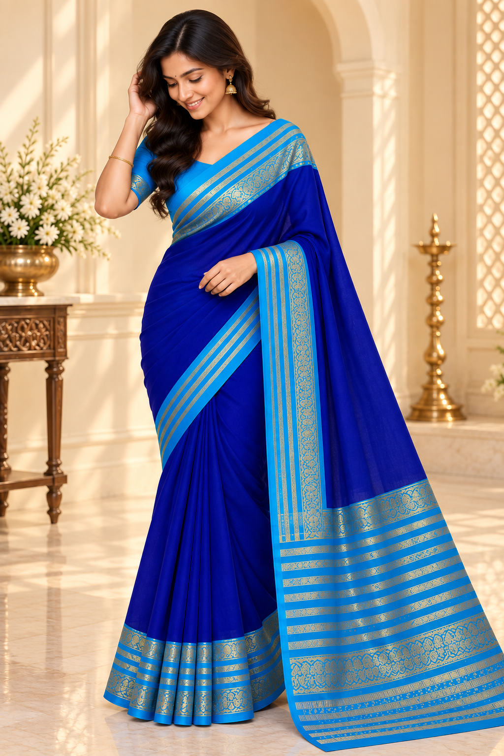 Royal Blue Saree with Sky Blue Gold Zari Border - model view