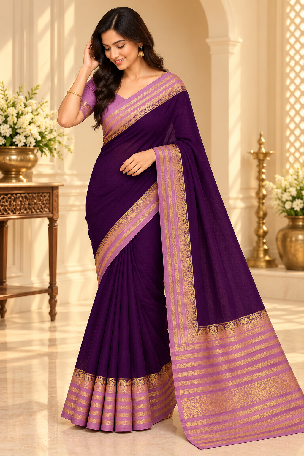 Deep Purple Saree with Mauve Gold Zari Border - model wearing