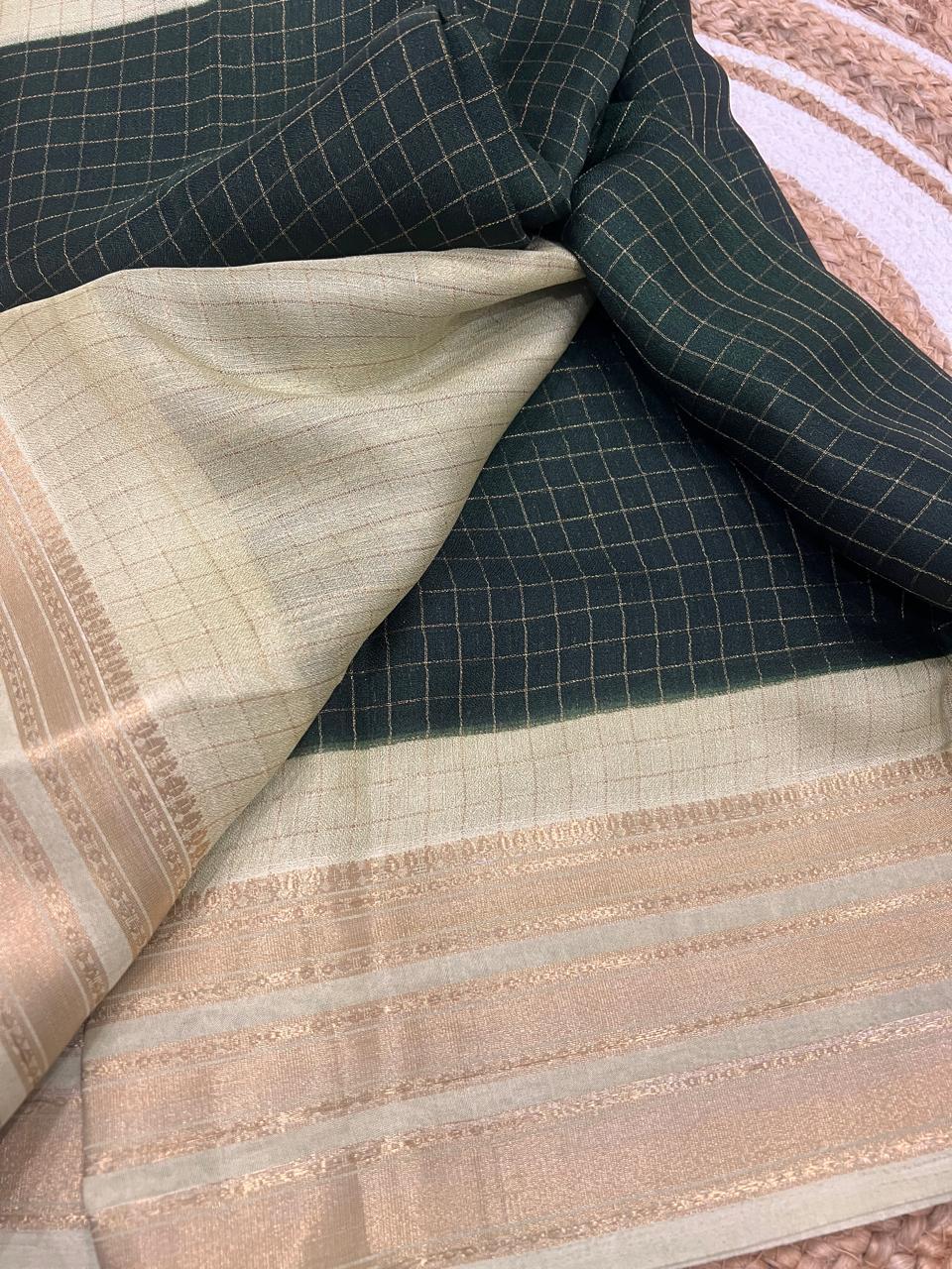 Bottle Green & Sage Zari Check Saree