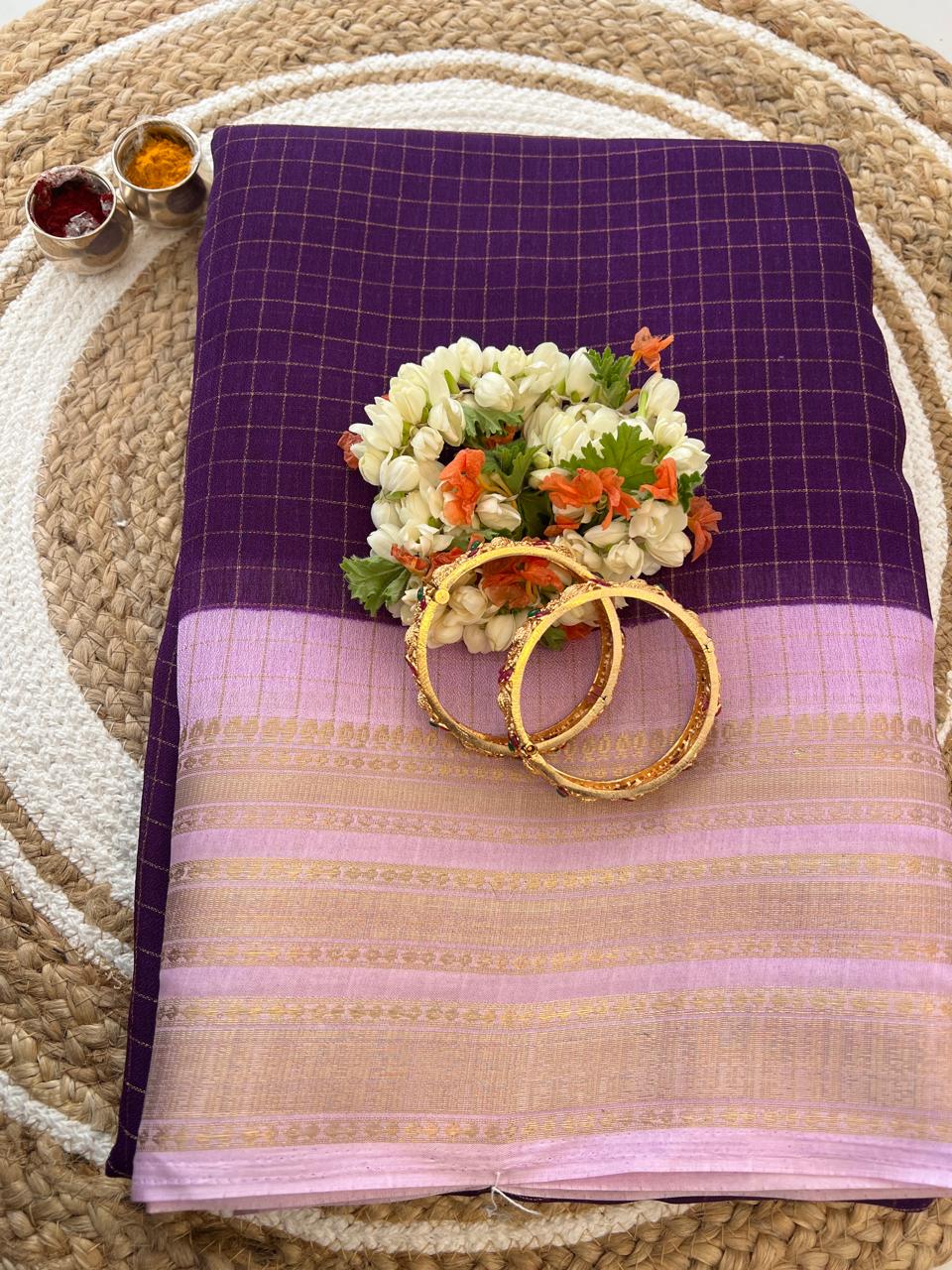 Royal purple and lavender zari check saree full model drape