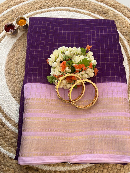 Royal purple and lavender zari check saree full model drape