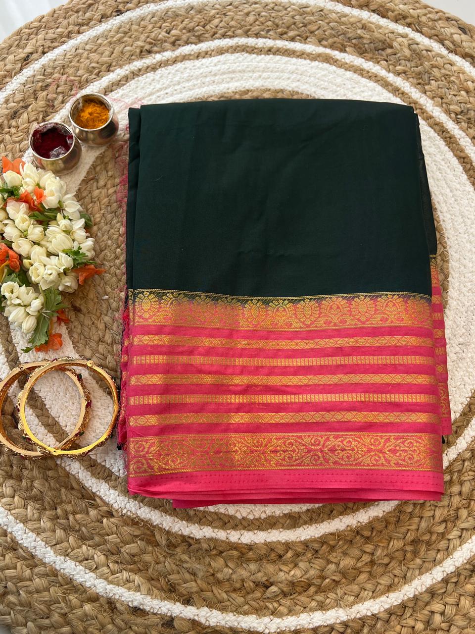 Dark Teal Saree - styled with bangles and flowers