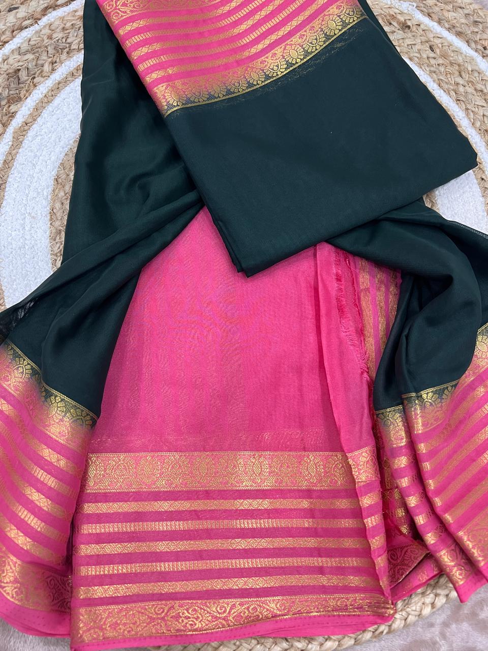 Dark Teal Saree - folded showing teal body and pink border
