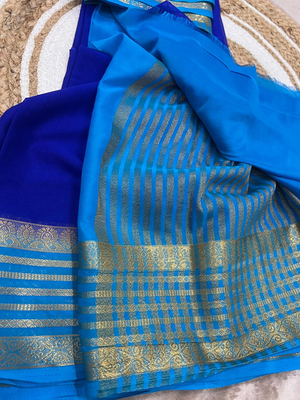 Royal Blue Saree - pallu close-up with gold zari weave