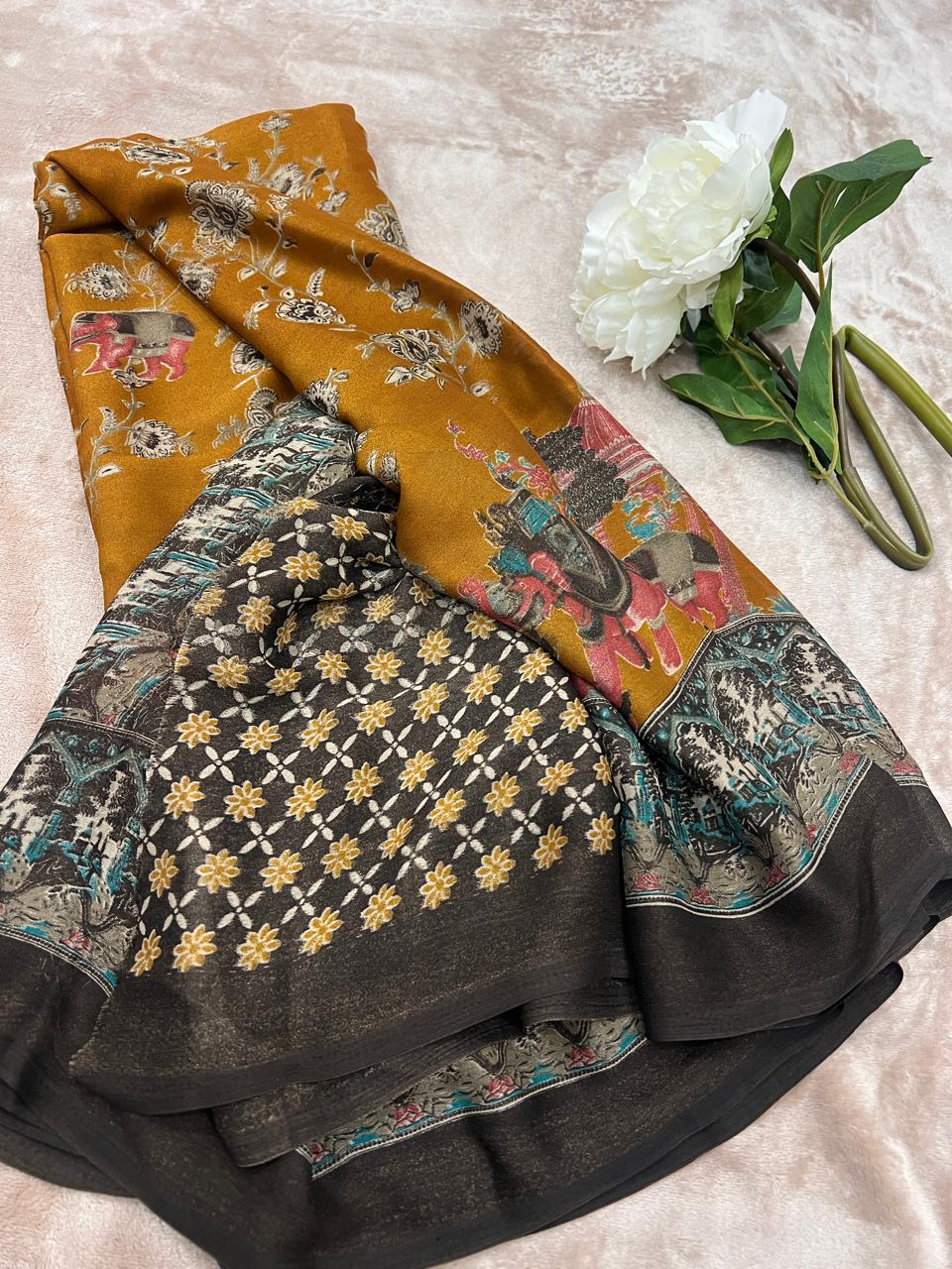 Chocolate brown embroidered border and Mughal pallu close-up