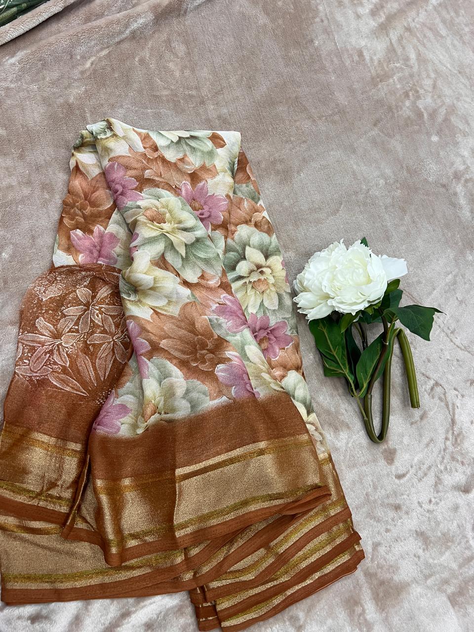 Rasmalai Multicolour Floral Print Saree with Copper Zari Border