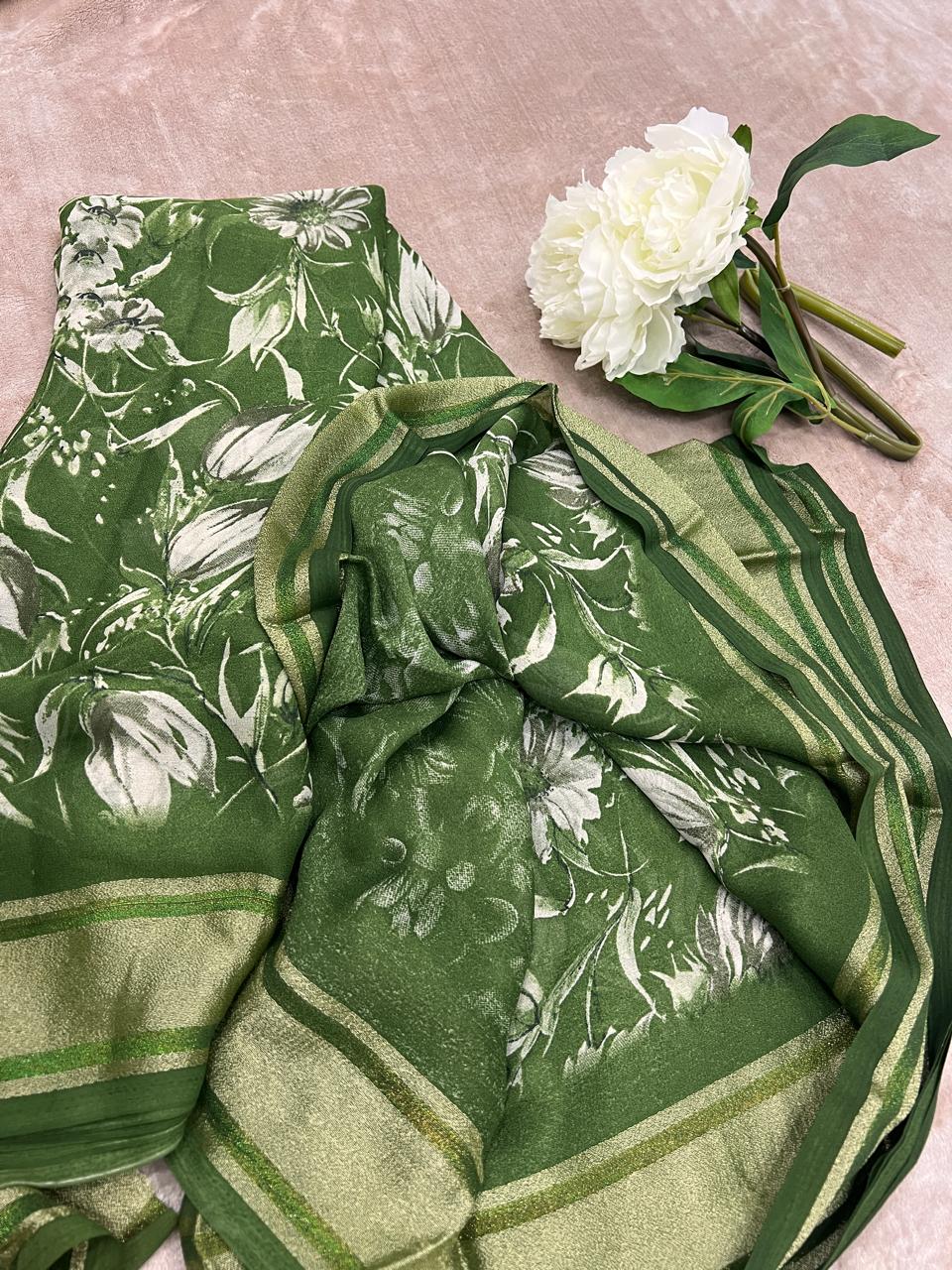 Rasmalai forest green saree with white peony showing botanical floral print close-up