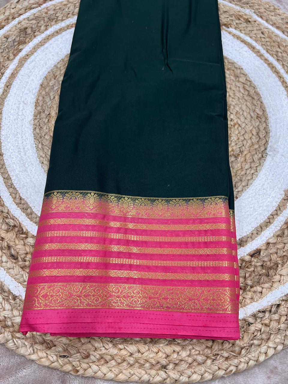 Dark Teal Saree - gold zari stripe border close-up