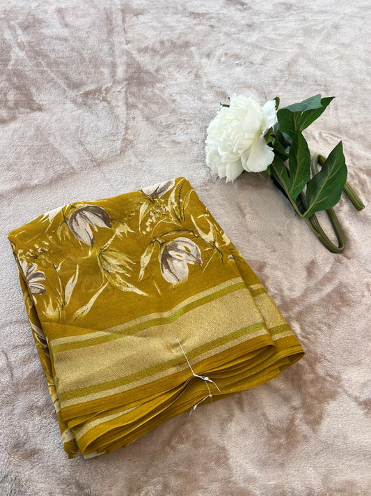 Rasmalai olive gold saree neatly folded showing gold tissue border detail