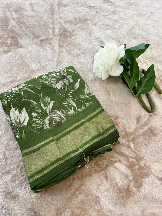 Rasmalai forest green saree folded flat lay showing white floral print and gold tissue border