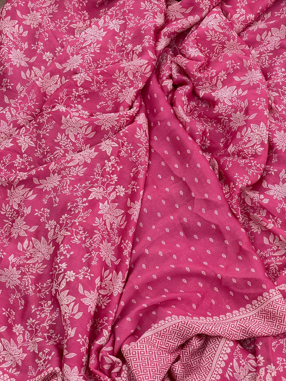 Rose pink saree model drape showing full length botanical print with woven tassel and lattice border